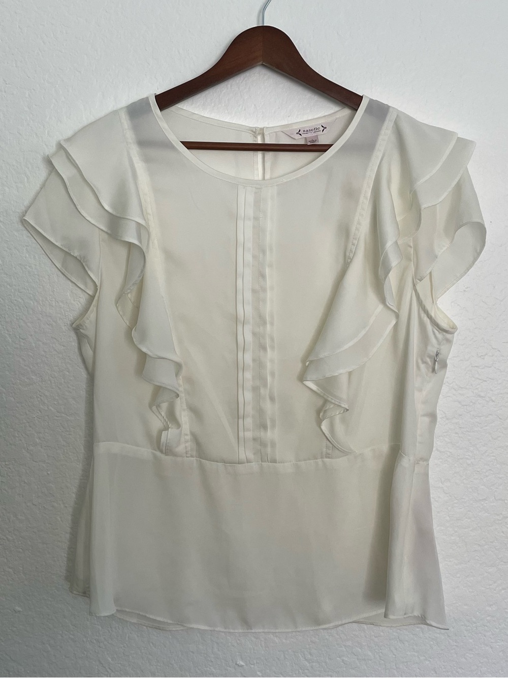 Nanette Nanette Lepore Blouse Womens L Ivory Ruffle Flutter Sleeve Peplum Top